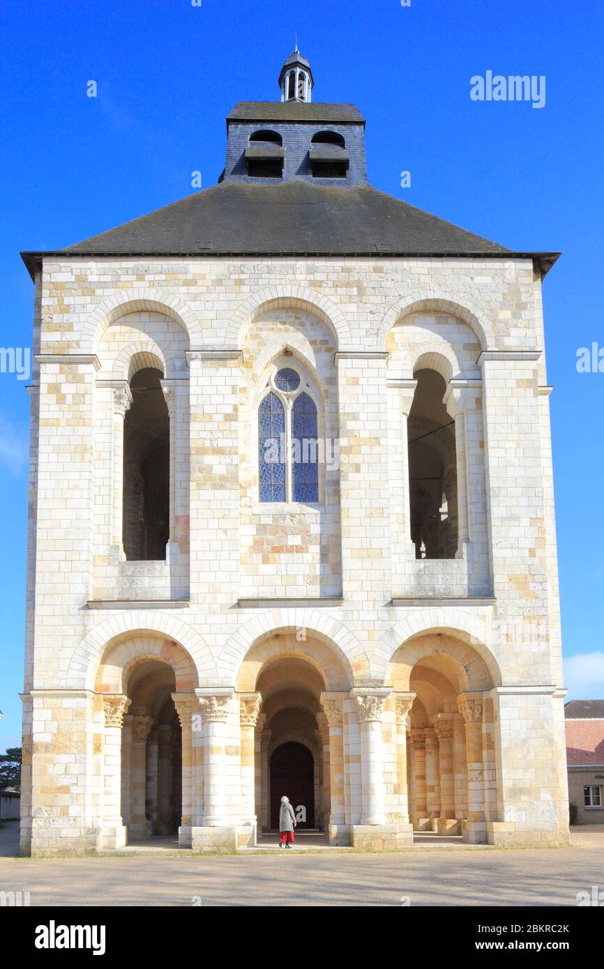 France, Loiret, Saint Benoit sur Loire (town is located within the perimeter of the Loire Valley listed as World Heritage by UNESCO), Benedictine Abbey of Fleury, 11th century porch tower Stock Photo