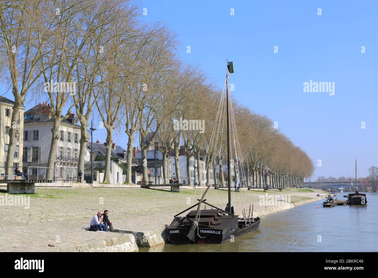 France, Loiret, Orleans, quai du Chatelet, a toue (traditional boat of the Loire) moored and bearing the name of Dame Tranquille Stock Photo