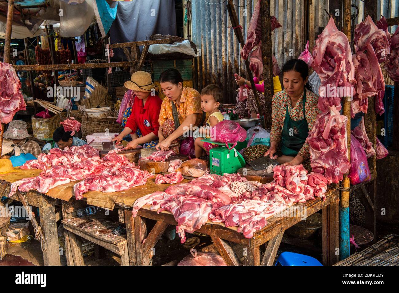 Cambodia, Siem Reap, butchers at the market Stock Photo
