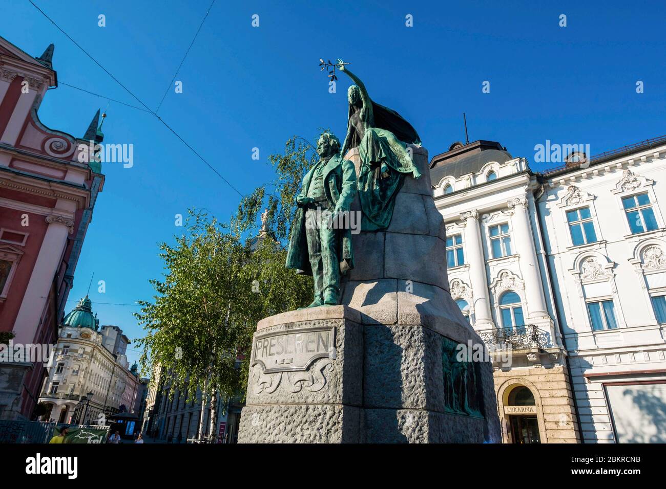 slovenia Ljubljana, statue of the great national poet Preseren, and his muse above him Stock Photo