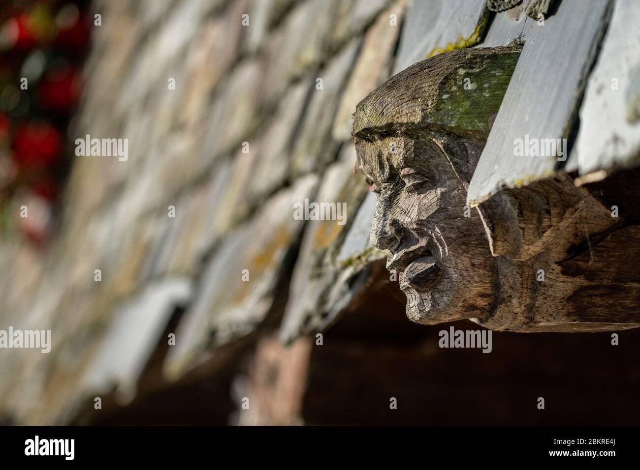 France, Morbihan, Malestroit, carved detail of a house beam in the village Stock Photo