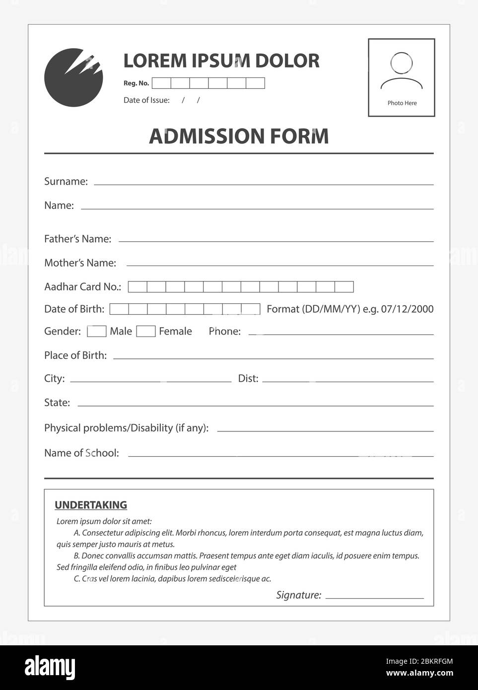 Clean application form for admission. Document concept for business registration Stock Vector