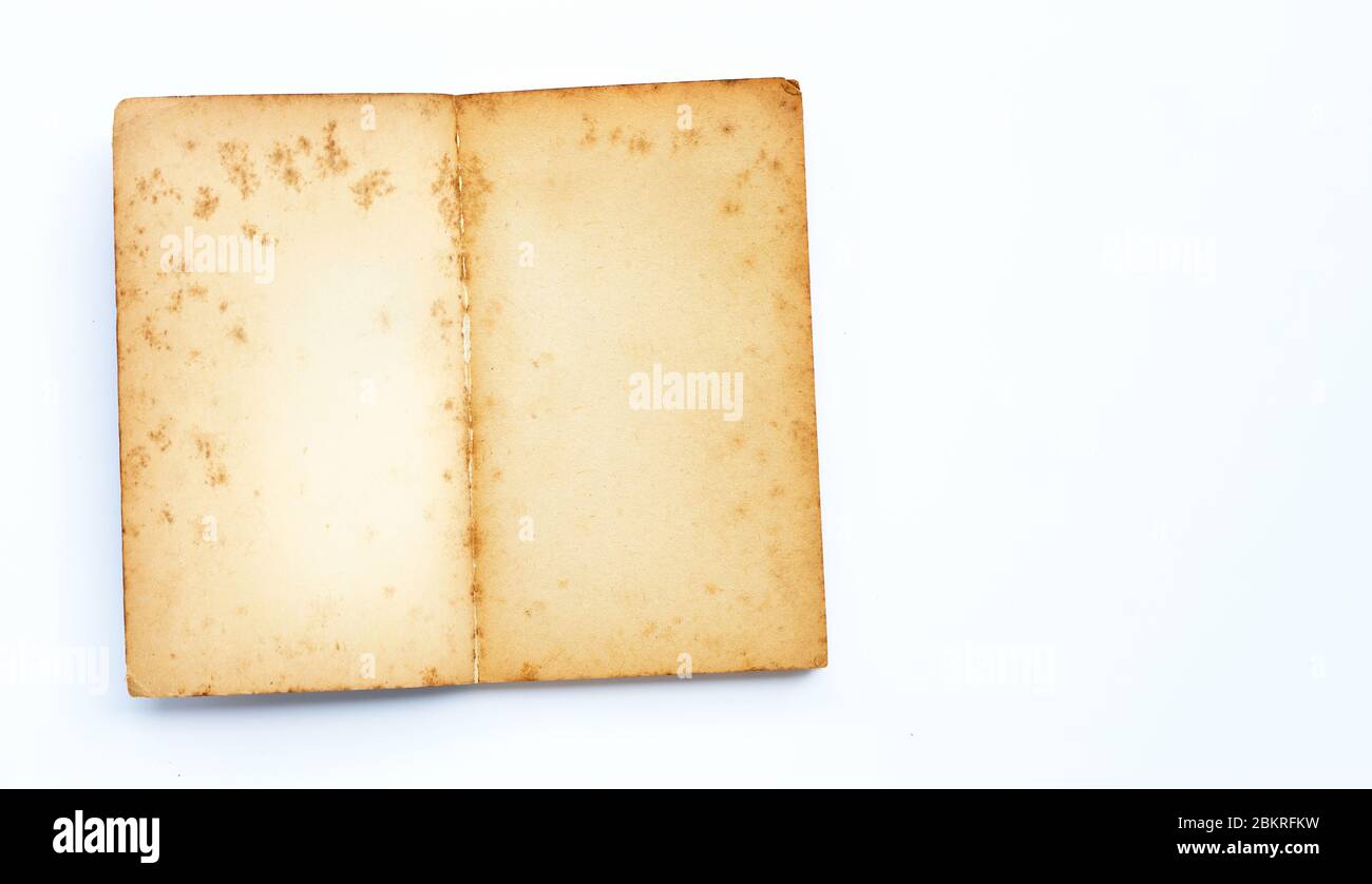 Opened old book isolated on white background. Copy space Stock Photo