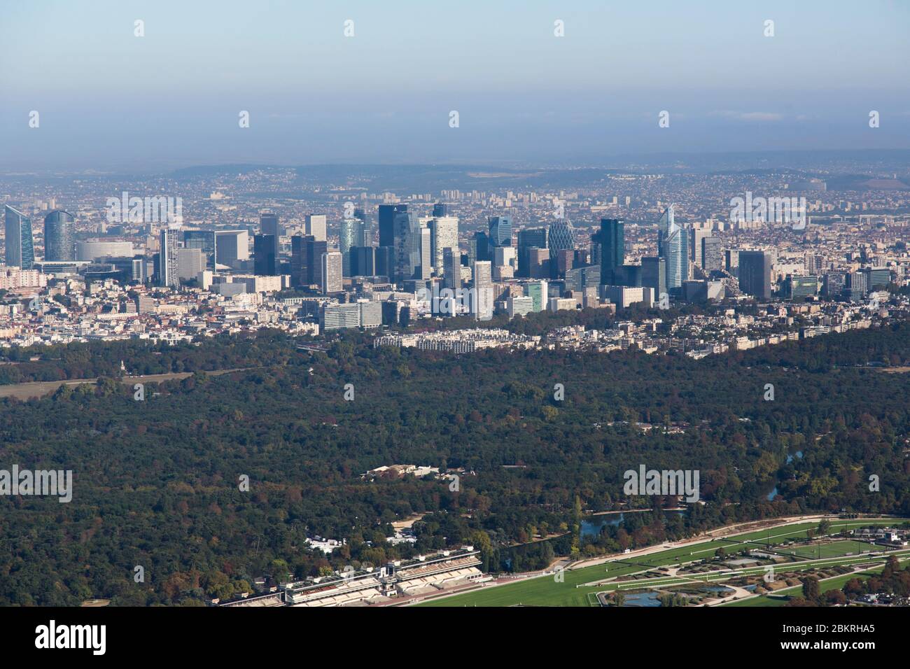 France, Paris, 16th arrondissement, Bois de Boulogne and La Defense (aerial view) Stock Photo