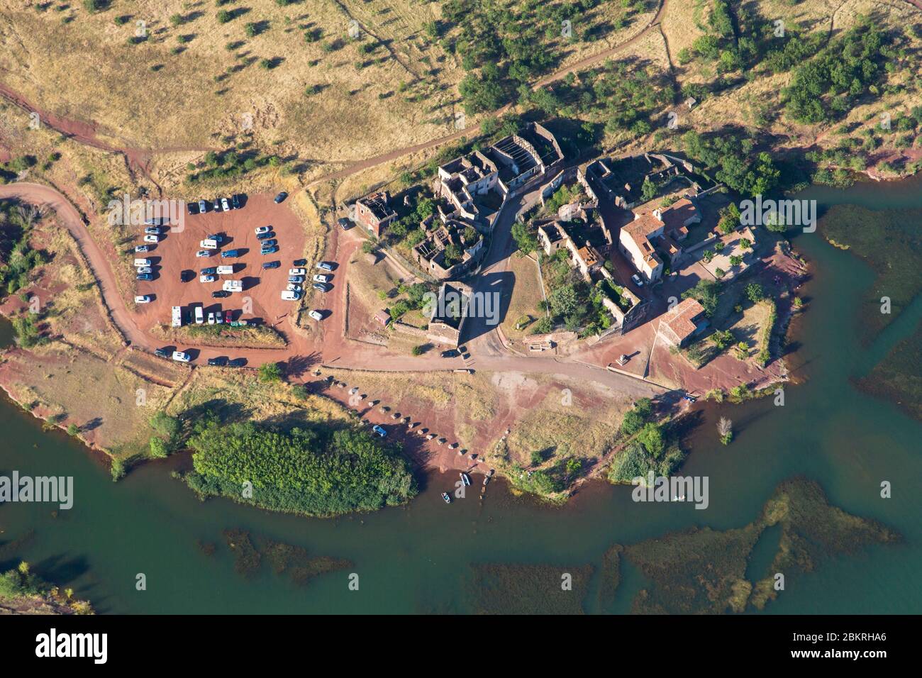 France, Herault, Celles, Lac du Salagou and La Ruffe, red rock (aerial view) Stock Photo
