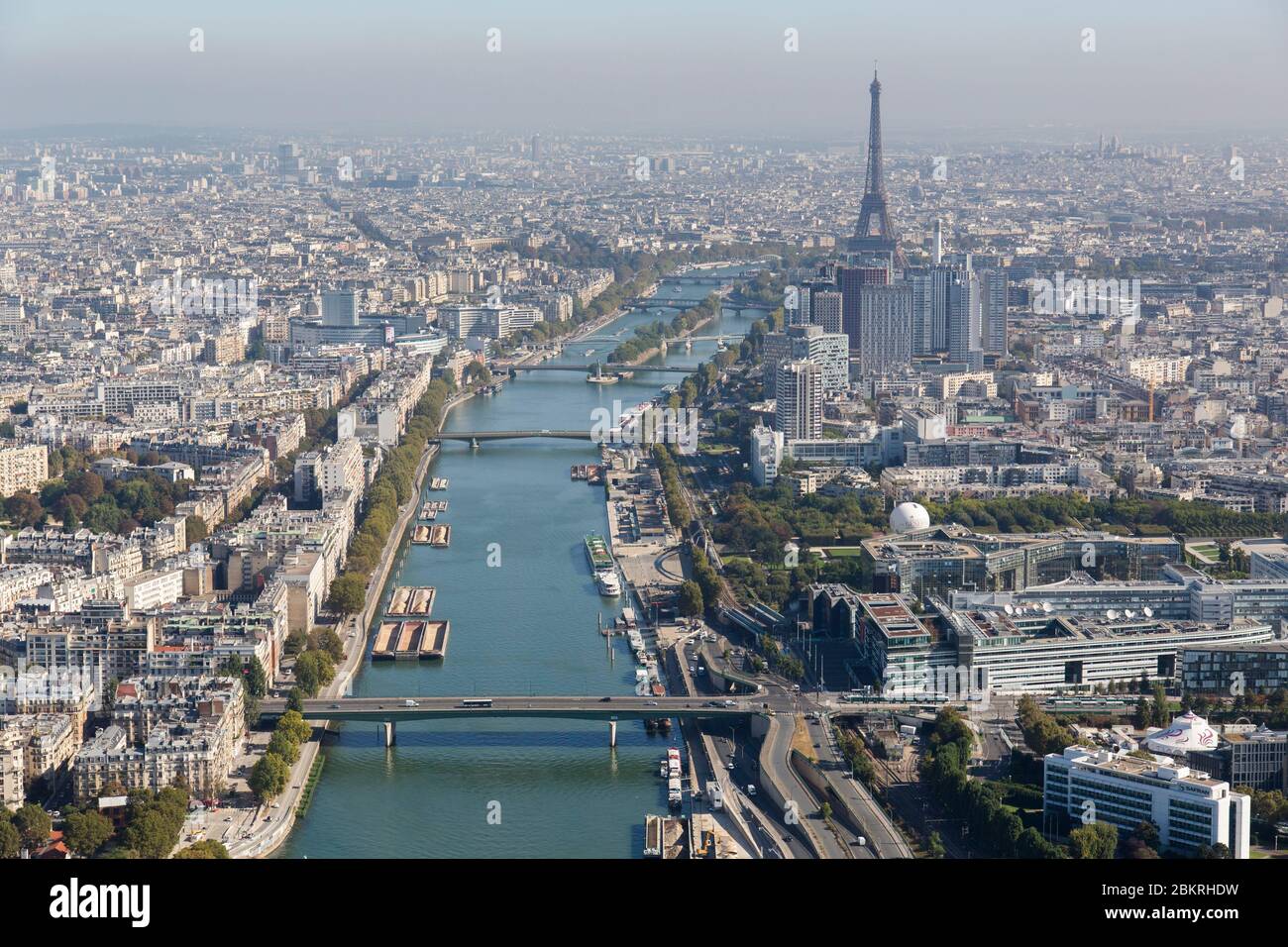 France, Paris, 16th and 15th arrondissement and the Seine, the Eiffel tower (aerial view) Stock Photo