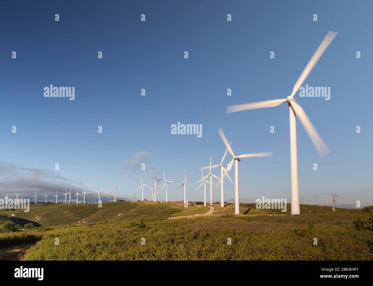 France, Aude, Nevian, Grande Garrigue de Nevian wind farm, composed of 21 wind turbines, 0.85MW gamesa eolica turbine for a total power of 17.55 MW, Compagnie du vent LCV, Engie Green, subsidiary of '' Engie specialized in renewable energies Stock Photo