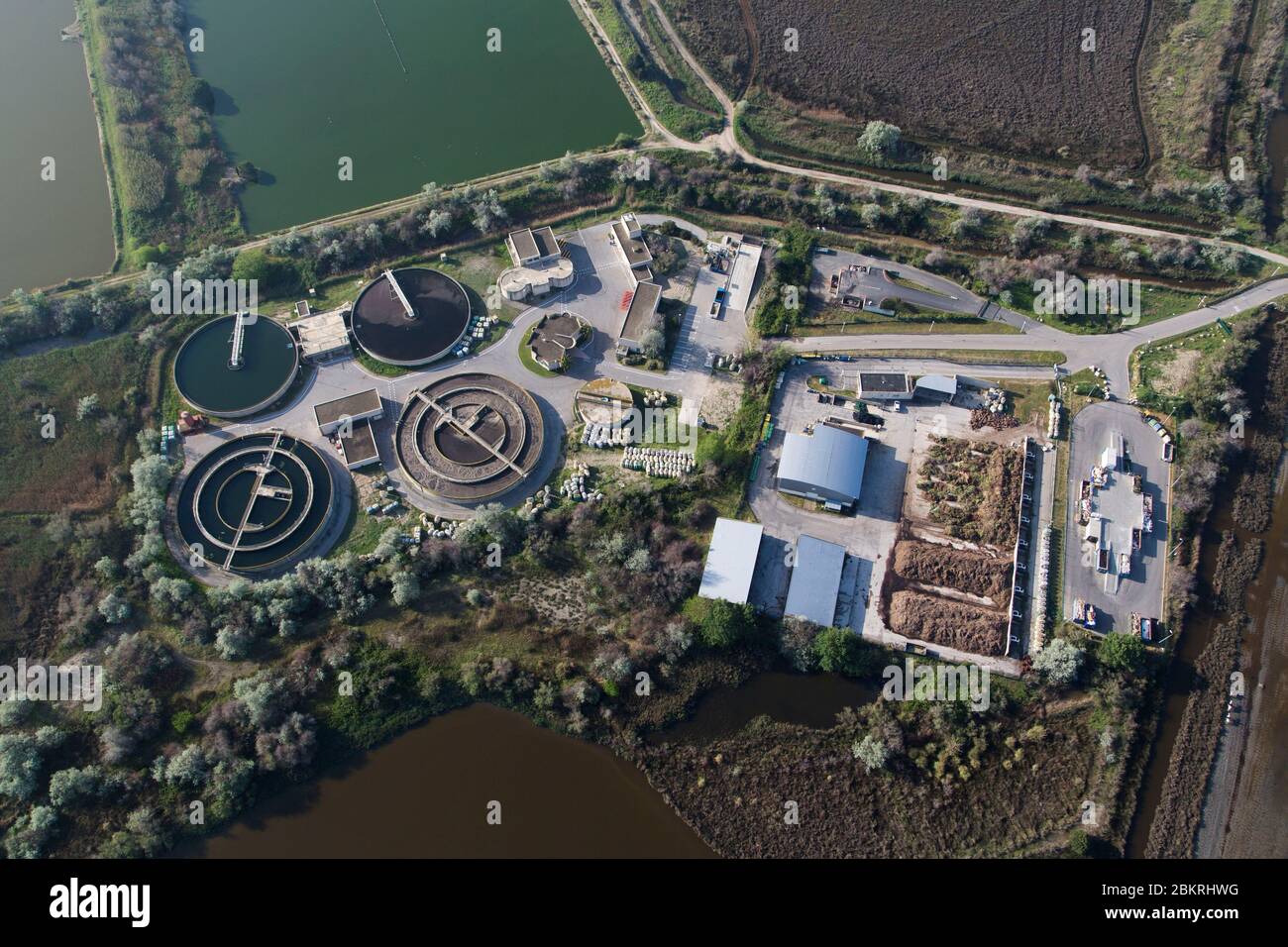 France, Gard, Camargue, Le Grau du Roi, water treatment and purification station (aerial view) Stock Photo