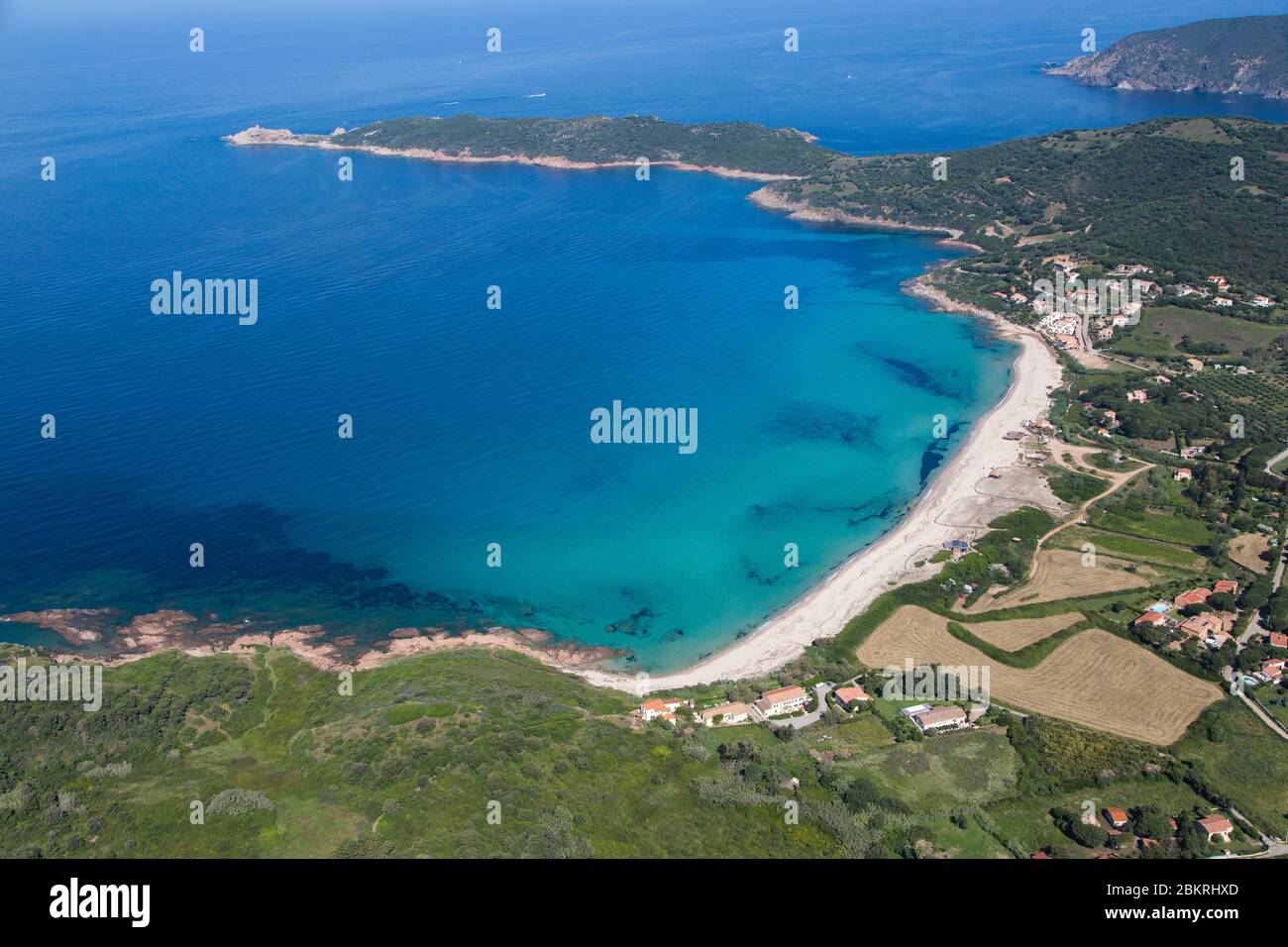 France. Corse du Sud, Gulf of Peru, commune of Cargese, tip of Omigna and Genoese tower and beach of Peru (aerial view) Stock Photo
