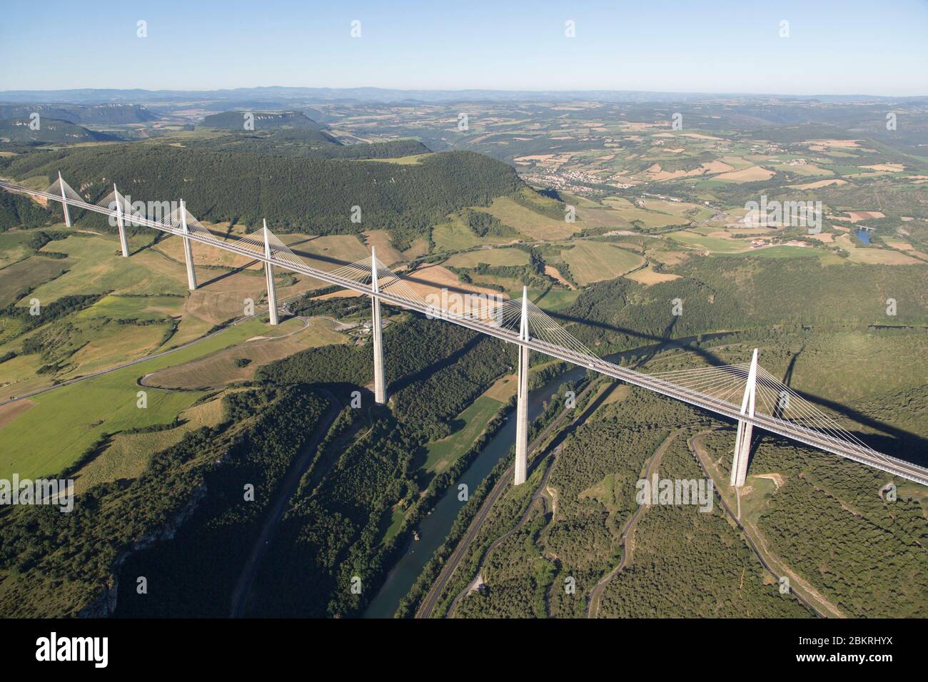 France, Aveyron, Grands Causses regional natural park, Millau viaduct, architects Michel Virlogeux and Norman Foster, between Causse du Larzac and Causse de Sauveterre above the Tarn (aerial view) Stock Photo