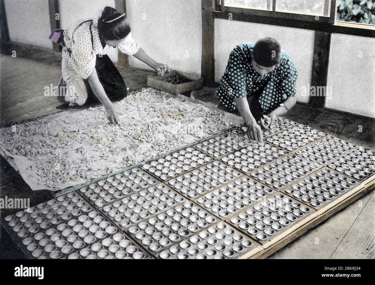 [ 1910s Japan - Japanese Silk Farming ] —   Silk moths depositing silkworms eggs on specially prepared silkworm egg cards. Each silk moth lays hundreds of eggs as tiny as a pinhead. These are divided into diseased eggs (which are discarded), eggs for reproduction and eggs for production of cocoons.  This is Image 14 of 17 of 'The Silk Industry of Japan,' a book published by Tokyo based Ueda.  20th century vintage collotype print. Stock Photo