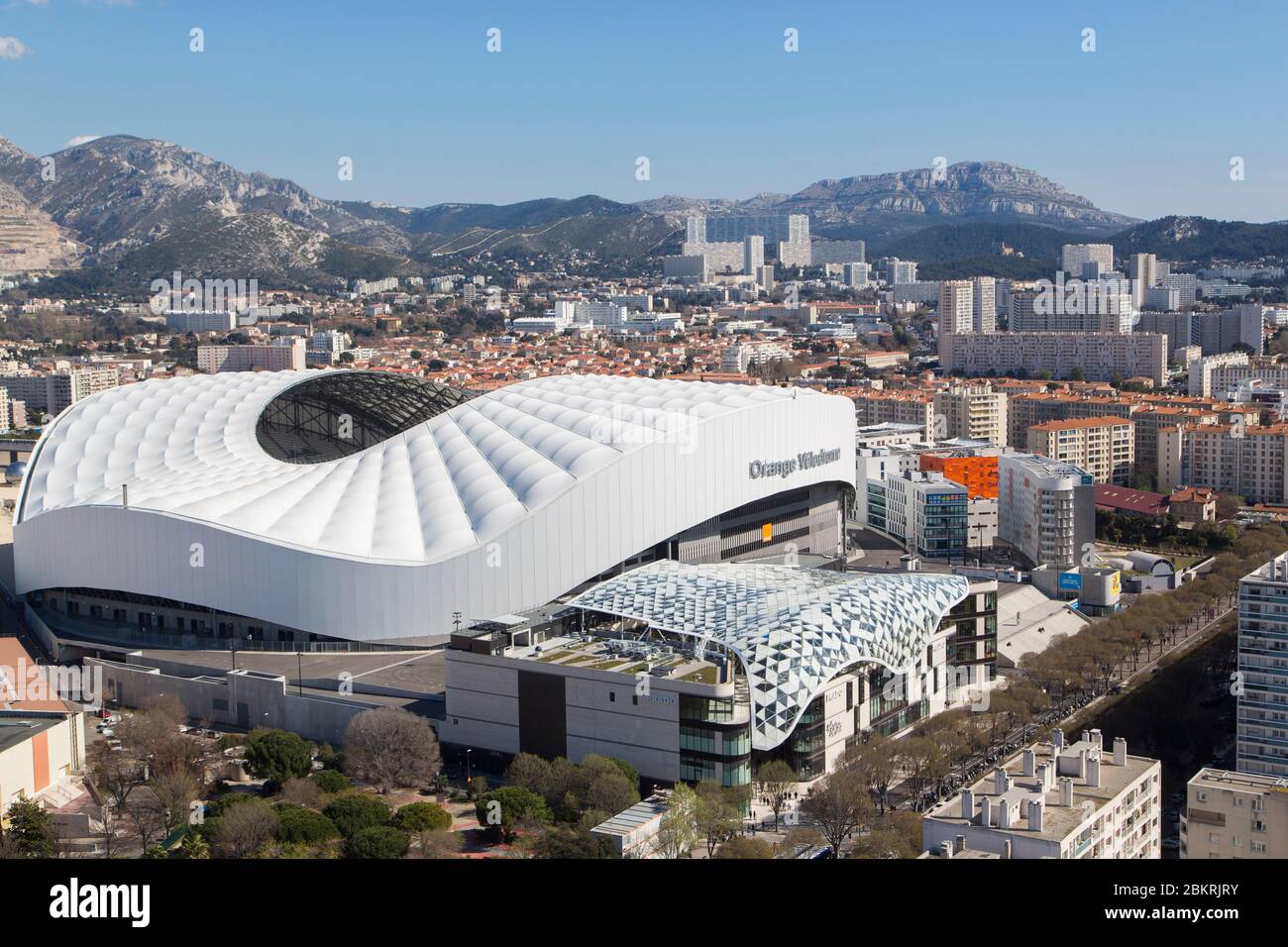France, Bouches du Rhone, Marseille, Stade orange velodrome and Le Prado,  high end shopping center, designed as a merchant on 4 levels with a glass  canopy by the architectural firms Benoy and