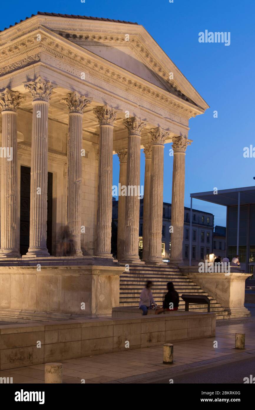 France, Gard, Nimes, Maison Carre, Roman temple hexastyle of the first century, night view Stock Photo