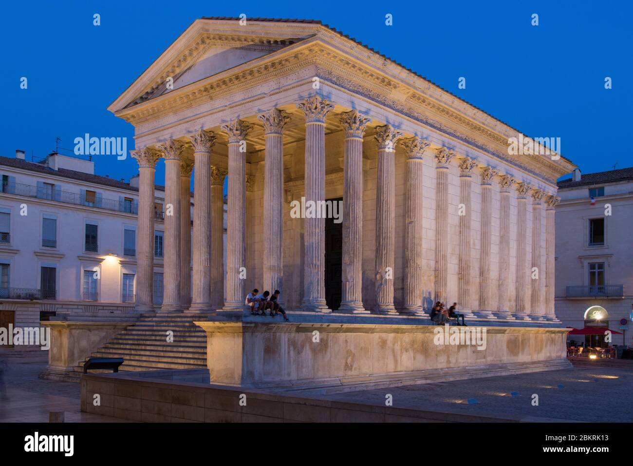 France, Gard, Nimes, Maison Carre, Roman temple hexastyle of the first century, night view Stock Photo