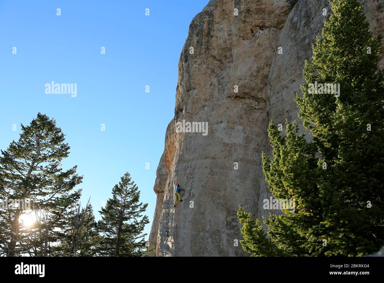 United States, Wyoming, Lander, climbing on the Lander cliff, climber St?phane Husson Stock Photo