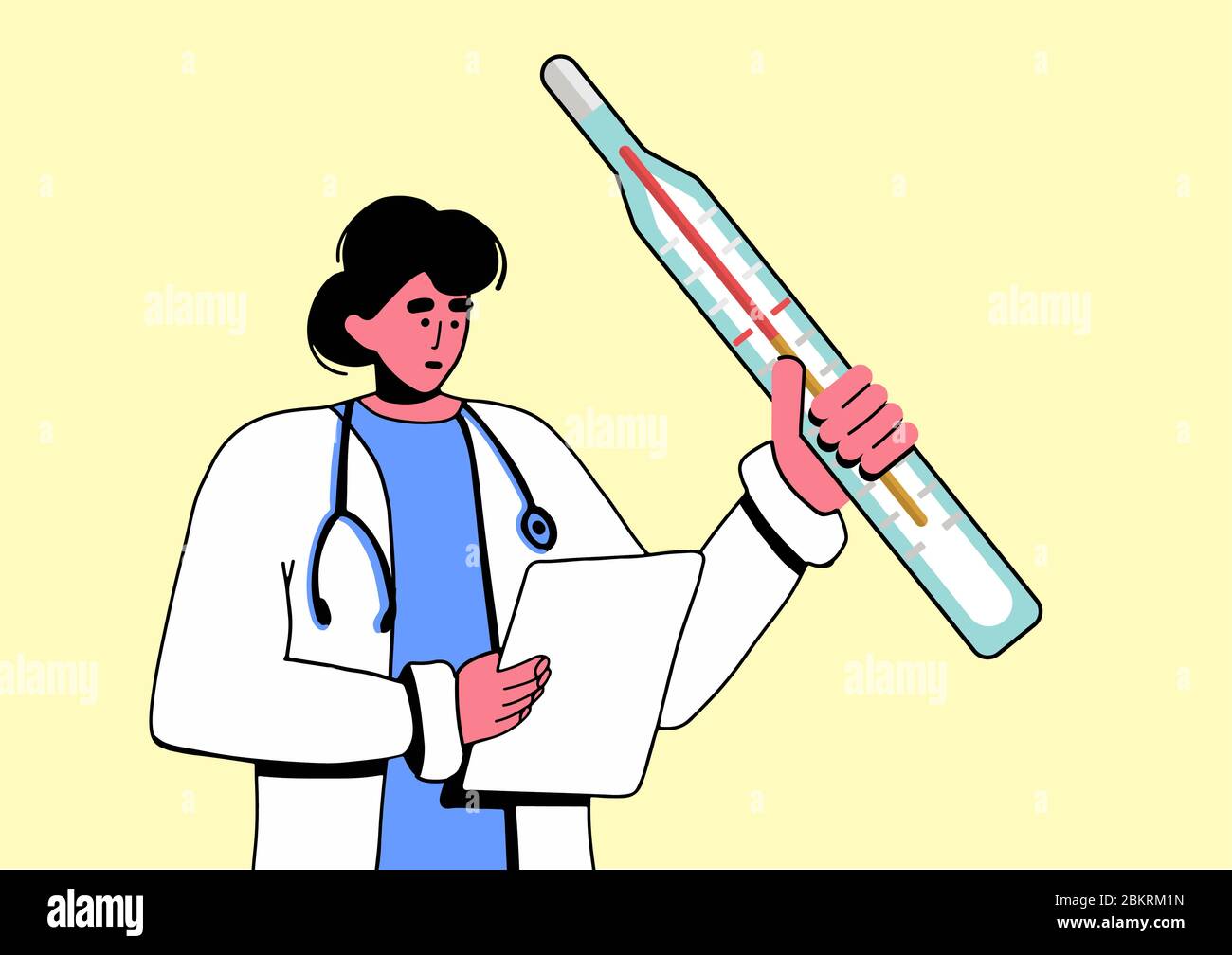 Doctor hold a thermometer in his hands. Medical concert in flat cartoon style. Fever. Virus. Pandemic COVID-19. Coronavirus. Quarantine. Stock Vector