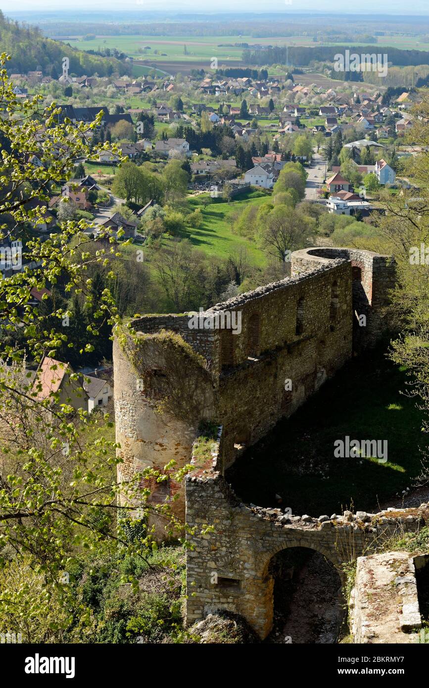 France, Haut Rhin, Ferrette, castle ruins, lower part dated 15th century, entrance, view of Vieux Ferrette Stock Photo