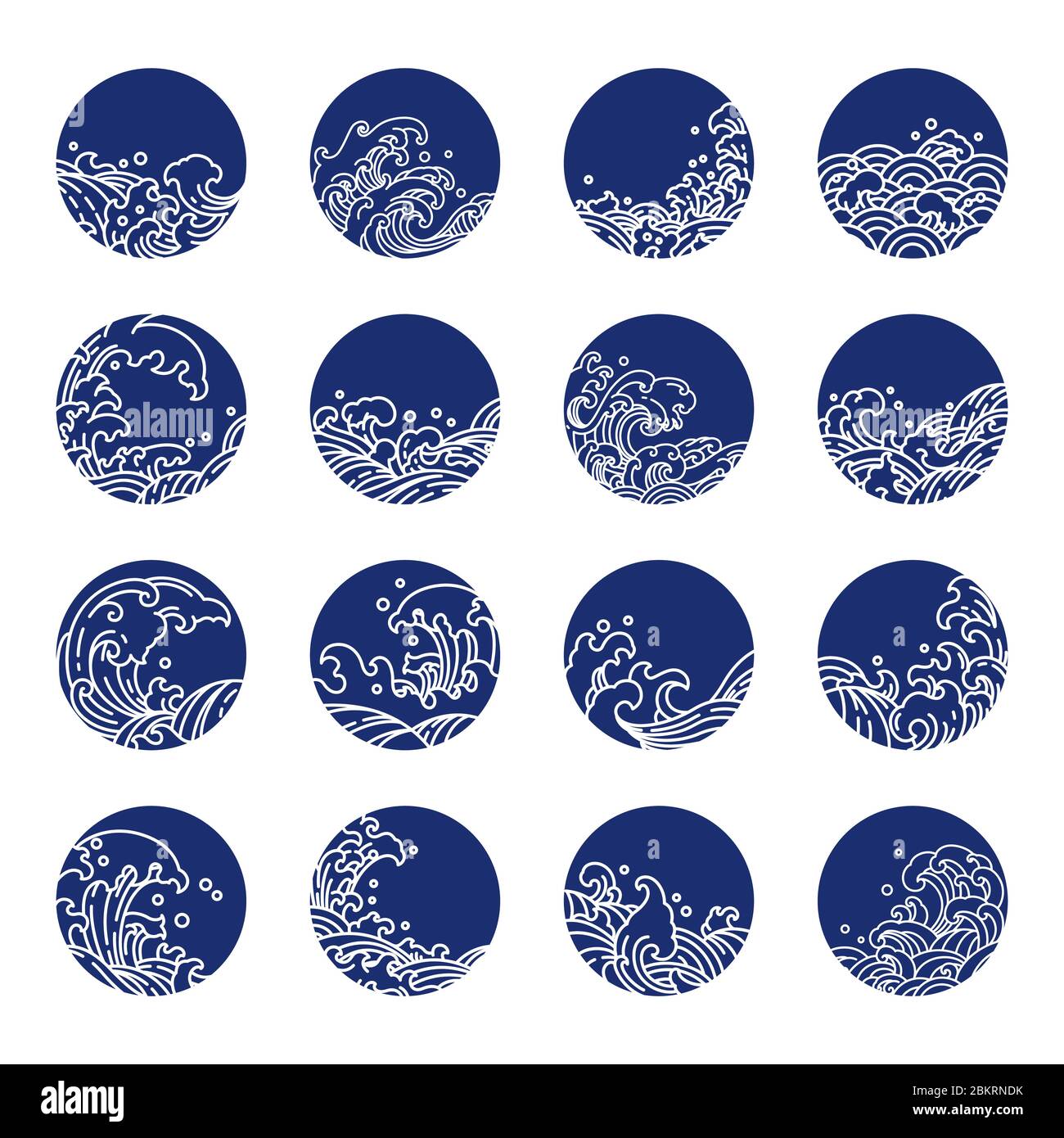 Japan wave line art vector collection set. Indigo and blue print style. Stock Vector