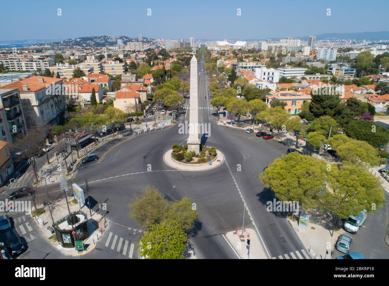 France, Bouches du Rhone, Marseille, Covid 19 or Coronavirus lockdown, 9th arrondissement, obelisk at the Mazargues roundabout (aerial view) Stock Photo