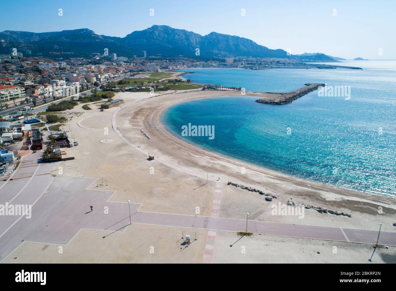 France, Bouches du Rhone, Marseille, Covid 19 or Coronavirus lockdown, 8th district, seaside park of Prado beaches, Borely stopover (aerial view) Stock Photo