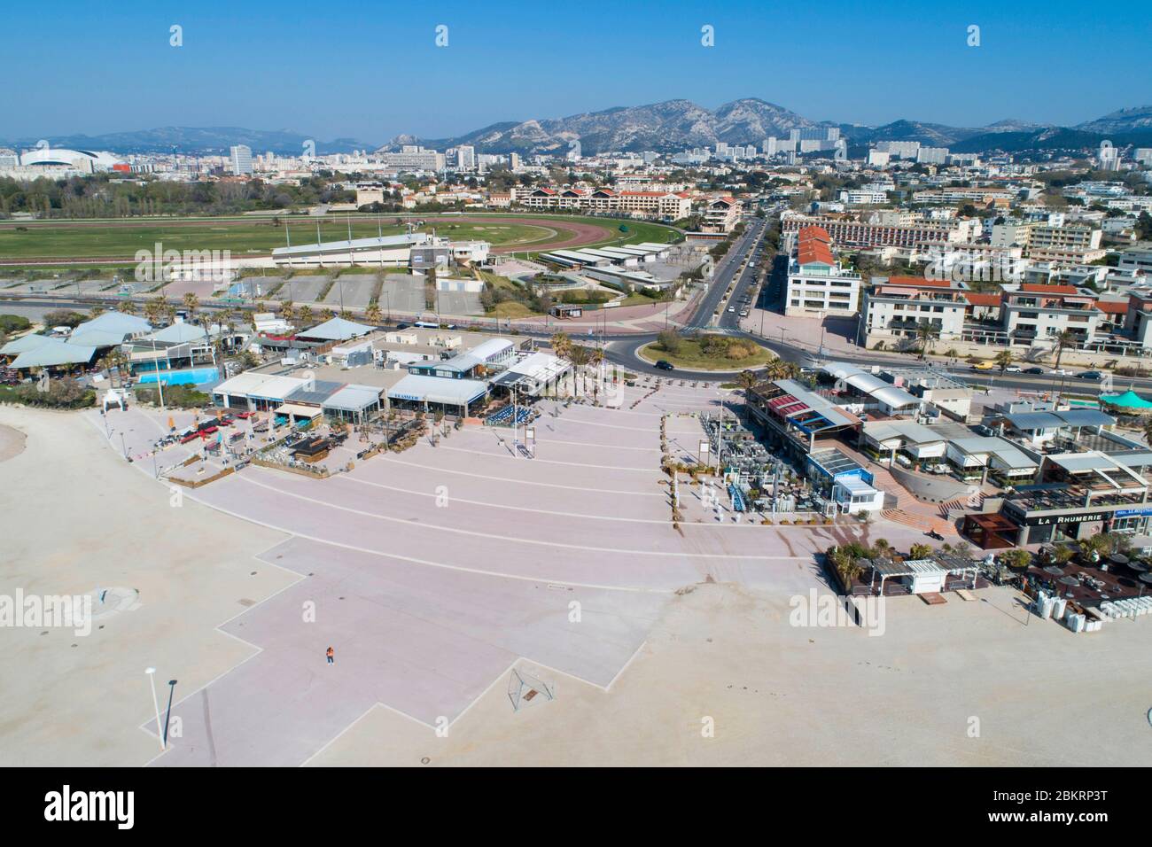 France, Bouches du Rhone, Marseille, Covid 19 or Coronavirus lockdown, Prado beaches seaside park, Borely stopover (aerial view) Stock Photo