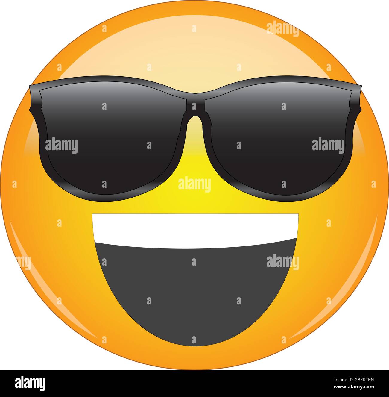 Cool happy grin yellow emoji. Smiling yellow face emoticon wearing sunglasses and having wide open smile on its face. Expression of being cool or awes Stock Vector