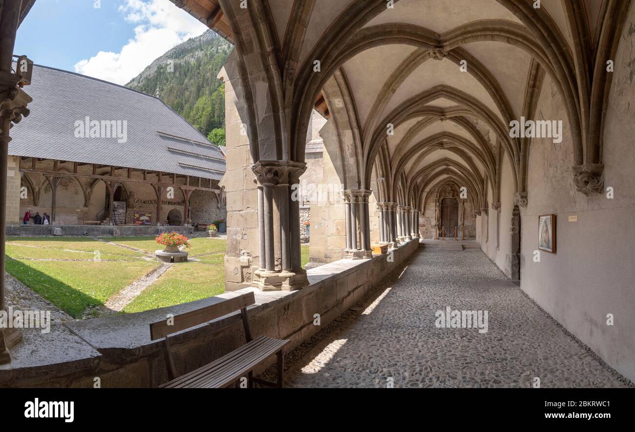 France, Haute Savoie, valley of Abondance, Abundance, abbey of Abondance, the cloister Stock Photo