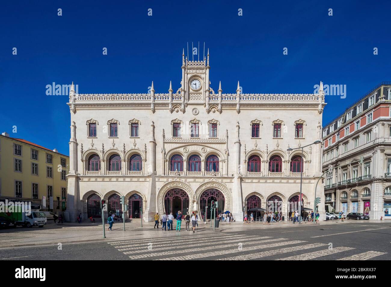 Portugal, Lisbon, Baixa, Rossio station built between 1888 and 1890 is a subtle blend of art deco and traditional Portuguese architecture (Manuelian style) Stock Photo