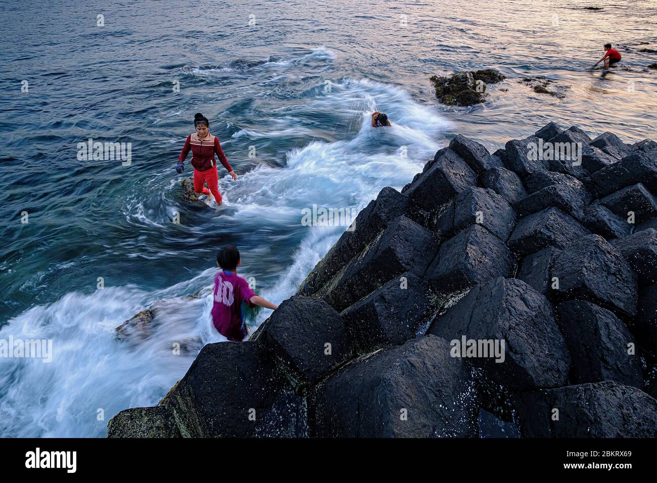 Vietnam, Phu Yen province, Ganh Da Dia, basalt rock columns, the vietnamese Giant's causeway, harvesting seaweed for selling Stock Photo