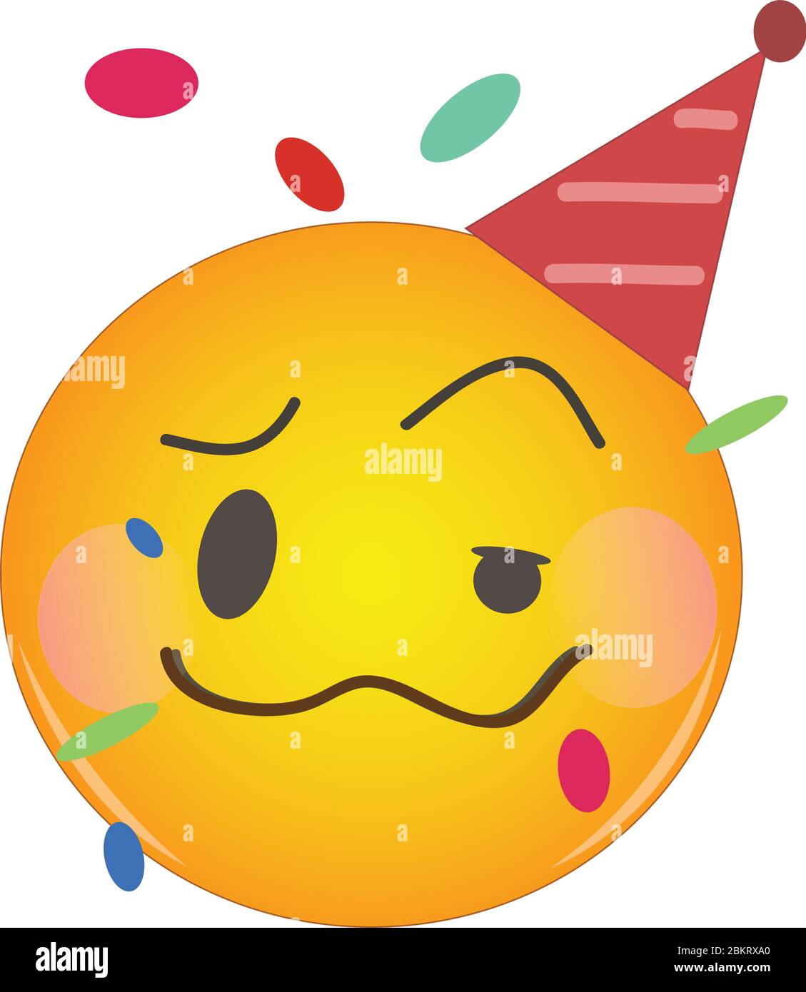 Drunken blushing emoji at the party. Yellow face drunk party emoticon with  a crumpled mouth, one eye half-closed, blushing cheeks, in a red hat and co  Stock Vector Image & Art -