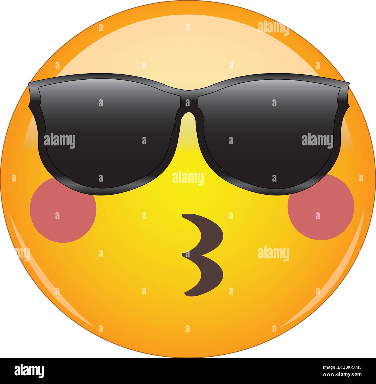 Cool kissing emoji in sunglasses! Awesome blushing yellow face emoticon wearing sunglasses, blushing and kissing lips. Expression of love, affection, Stock Vector