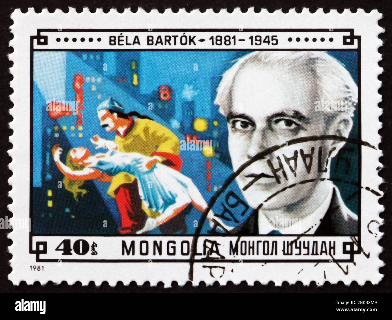 MONGOLIA - CIRCA 1981: a stamp printed in Mongolia shows Bela Bartok and Scene from his Ballet, The Miraculous Mandarin, circa 1981 Stock Photo