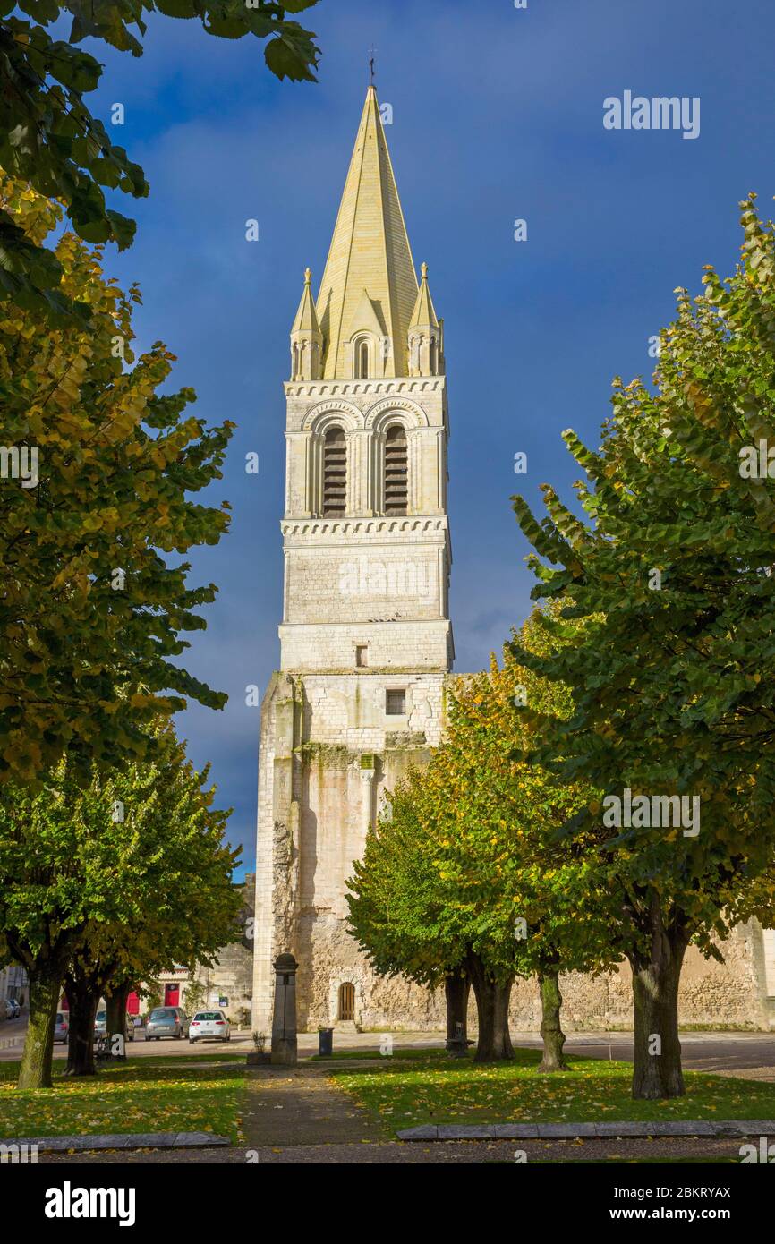 France, Indre et Loire, Loire valley listed as World Heritage by UNESCO, Beaulieu-les-Loches, the spire of the Grand Clocher of the abbey church, which is over 1000 years old, rises to 64 meters and was completely rebuilt in 2016-2017 Stock Photo