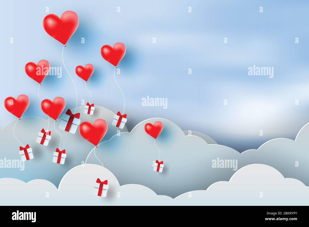 paper art of balloon red heart floating and Gift Box on in the air blue ...