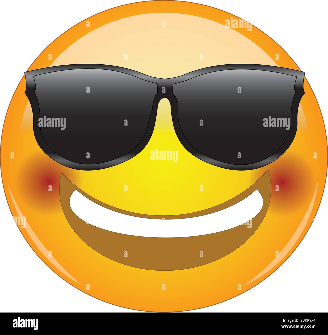 Awesome flushed face smiling emoji. Cool happy face emoticon wearing sunglasses and with a wide smile showing upper teeth and blushing cheeks. Express Stock Vector