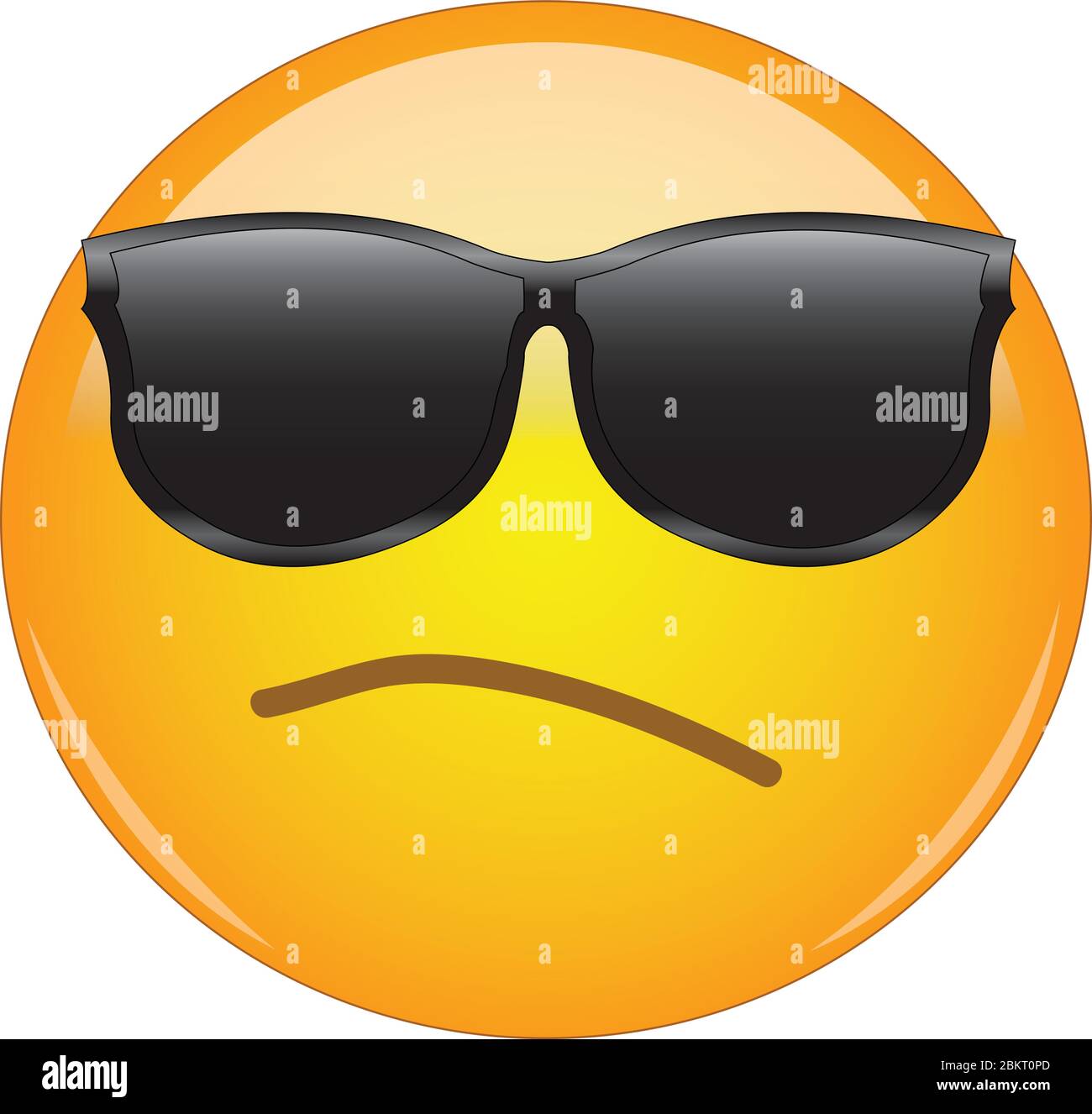 Awesome snobbish and arrogant emoji wearing sunglasses. Yellow face emoticon wearing shades and having small, intent frown as a sign of arrogance and Stock Vector