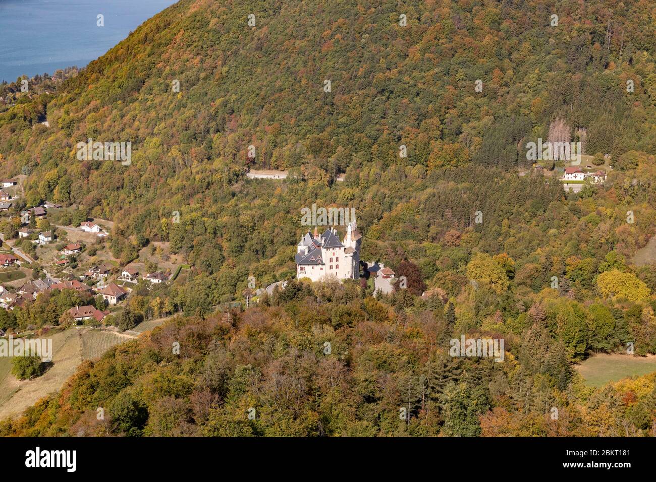 France, Haute Savoie, Menthon Saint Bernard, the castle, old fortress from the Middle Ages transformed into a stately home (aerial view) Stock Photo