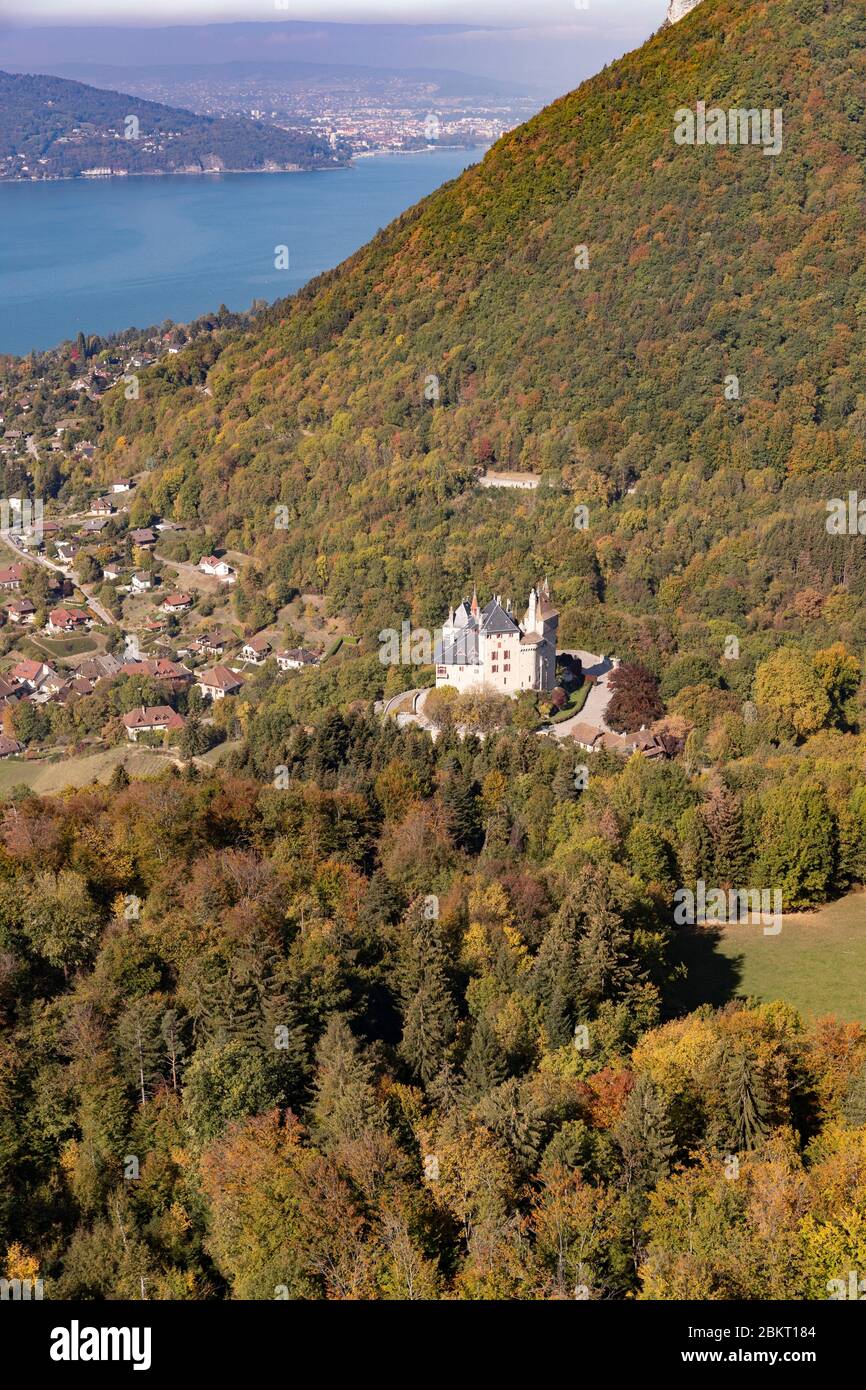 France, Haute Savoie, Menthon Saint Bernard, the castle, old fortress from the Middle Ages transformed into a stately home (aerial view) Stock Photo