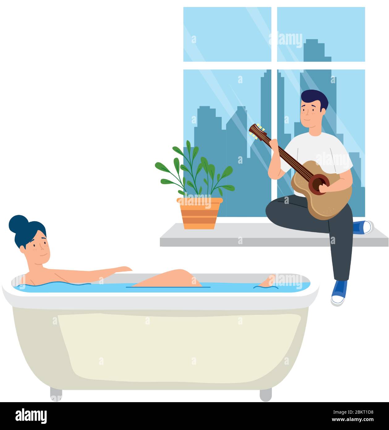 young couple stay at home in bathtub Stock Vector