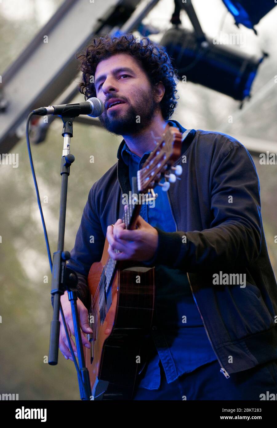 Jose Gonzales on stage with his band Junip at Moseley Folk Festival. 3rd September 2011. Picture by Simon Hadley Stock Photo
