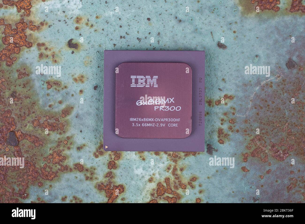KYIV, UKRAINE - April 22, 2020. IBM 686MX PR300 processor on rusty background. Stock Photo