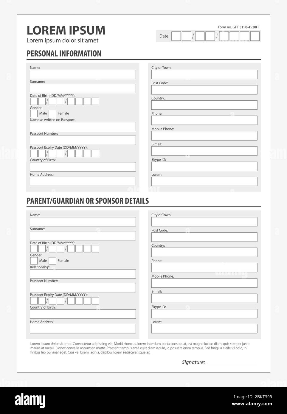Standard clean application form. Document concept for admission of a foreigner traveling Stock Vector