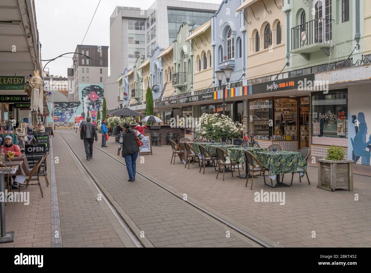 CHRISTCHURCH, NEW ZEALAND  - December 02 2019:  tramline rail at street with traditional looking architectures at New Regent Street pedestrian precinc Stock Photo