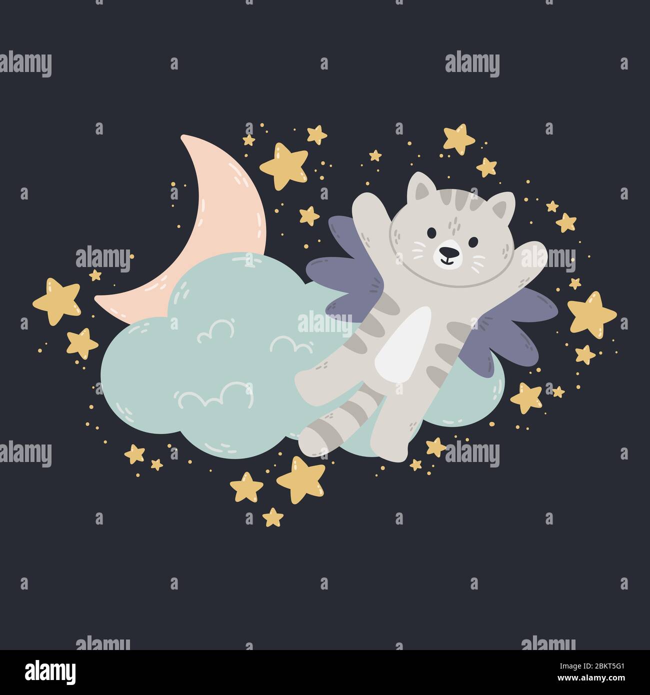 Cat with wings flies past the cloud, the moon, and stars. Dark background. Vector print for baby room, greeting card, kids and baby t-shirts and cloth Stock Vector