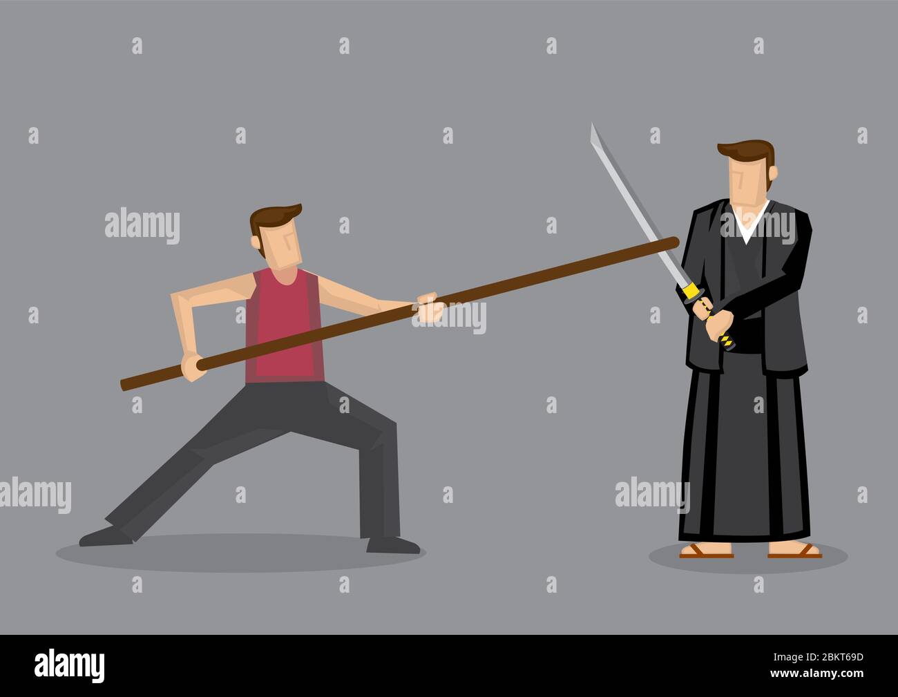 Cartoon vector illustration of man using Chinese staff weapon, long gun,  sparring with man in Japanese Kendo uniform using Samurai sword, katana,  isol Stock Vector Image & Art - Alamy