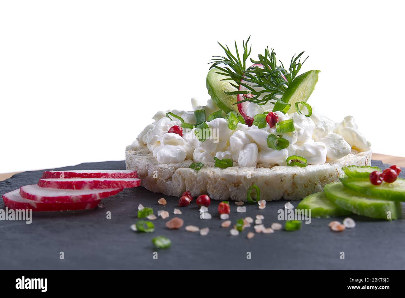 healthy food rice cake salted sandwich on wood table. Rice cakes as light breakfast concept