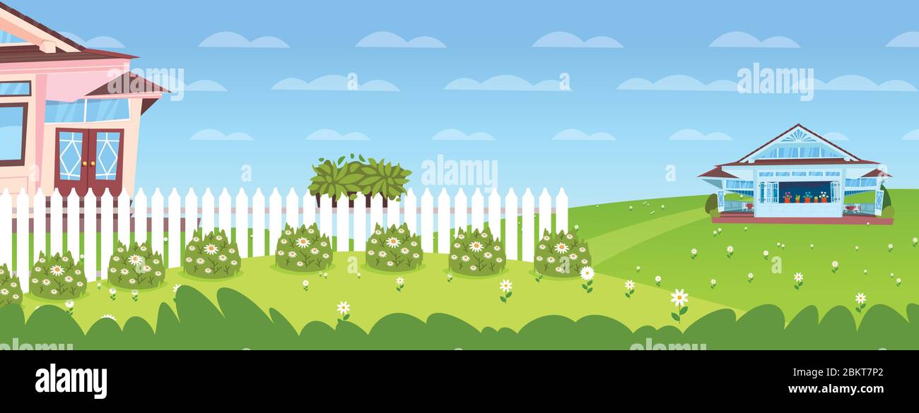 beautiful spring landscape with house cottage building horizontal vector illustration Stock Vector