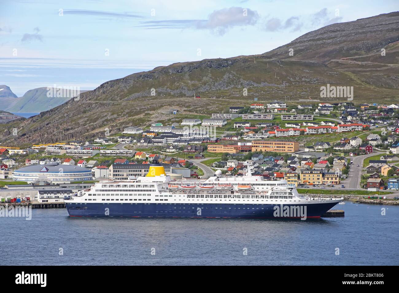Cruise ship docked in the port of Hammerfest, the northernmost town in the world with more than 10,000 inhabitants, Troms og Finnmark county, Norway. Stock Photo