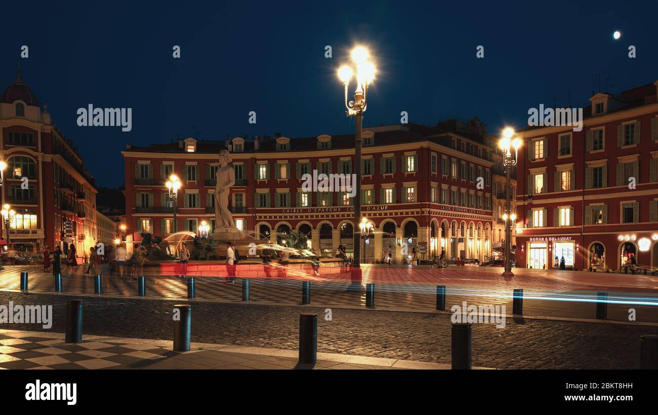 Nice, France, September 20, 2018:  The Fountain of the Sun on Place Massena in the center of Nice Stock Photo