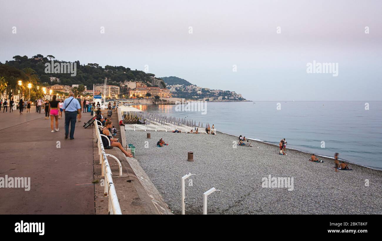 Nice, France, September 30, 2018: The public baths Plage de Castel, Plage des Ponchettes and Opera Plage  in the French city of Nice during the evenin Stock Photo